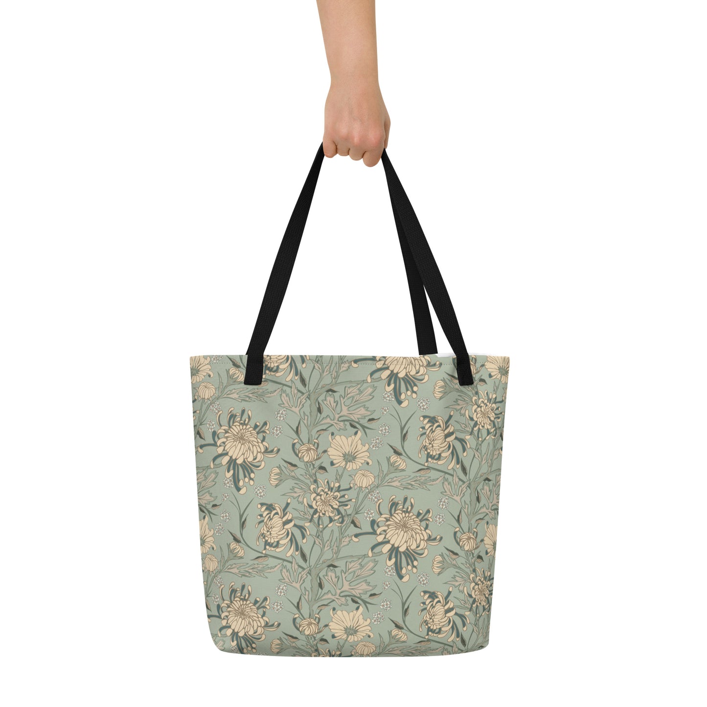 All-Over Print Large Tote Bag - chrysanthemum reverie (blue)