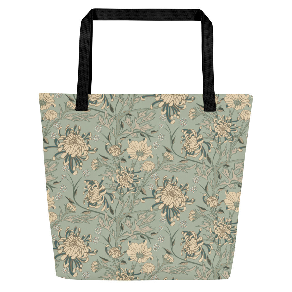 All-Over Print Large Tote Bag - chrysanthemum reverie (blue)