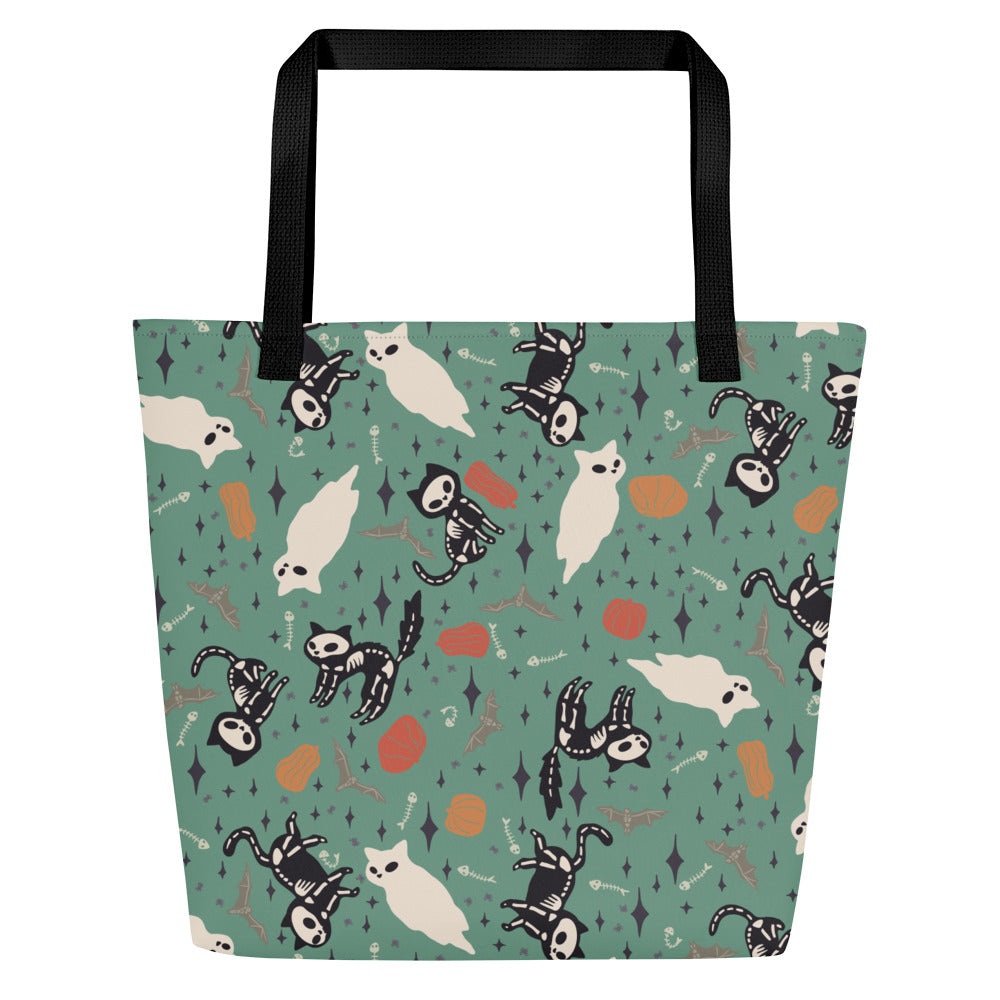 All-Over Print Large Tote Bag - SkeleCat - Green