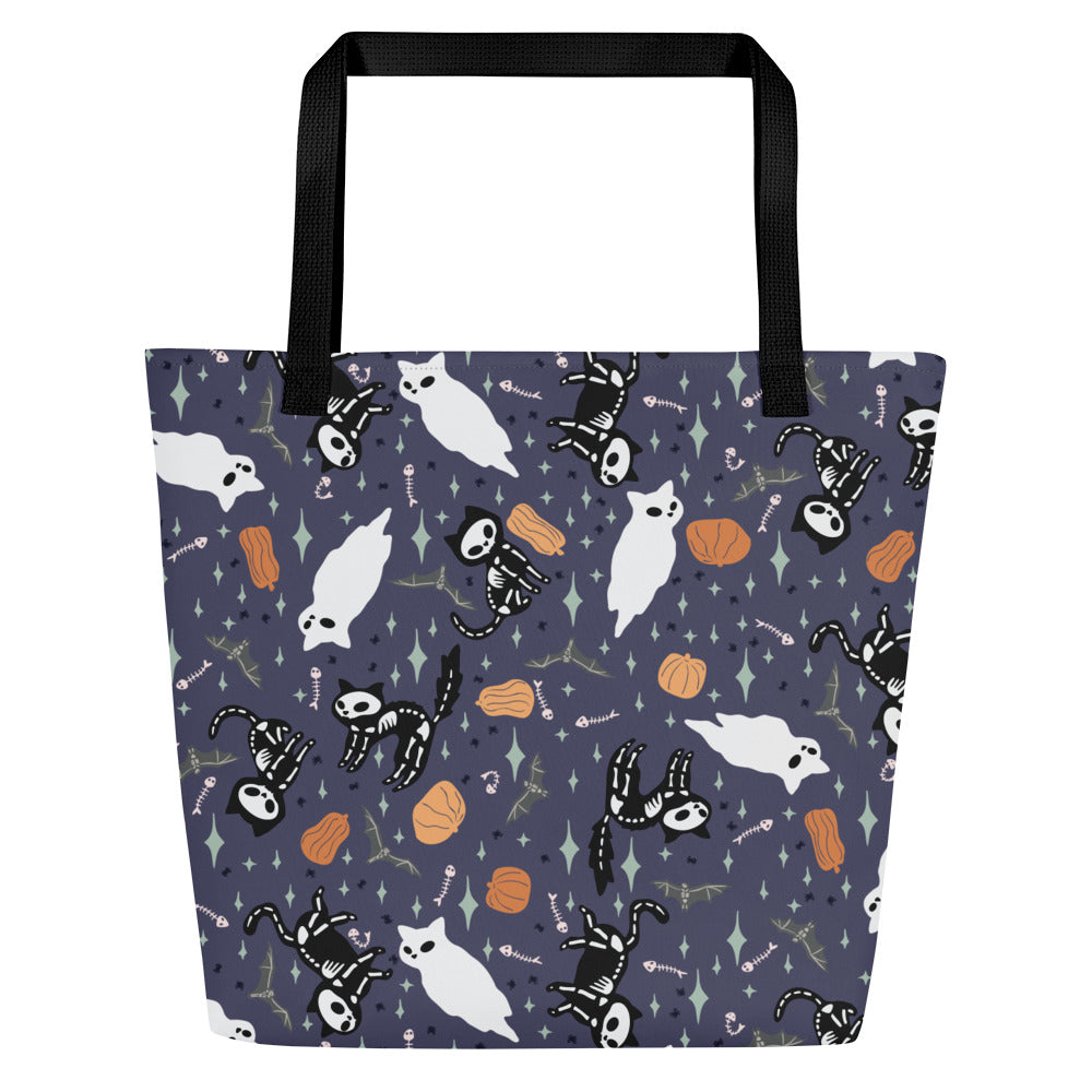 All-Over Print Large Tote Bag - SkeleCat - Purple