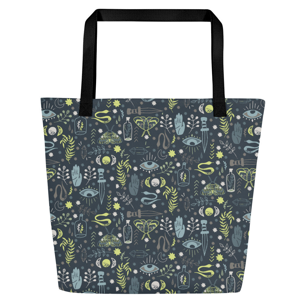 All-Over Print Large Tote Bag - Esoteric Ephemera - Navy/Green