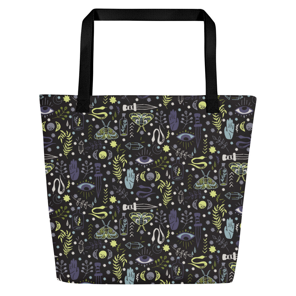 All-Over Print Large Tote Bag - Esoteric Ephemera - Black/Purple