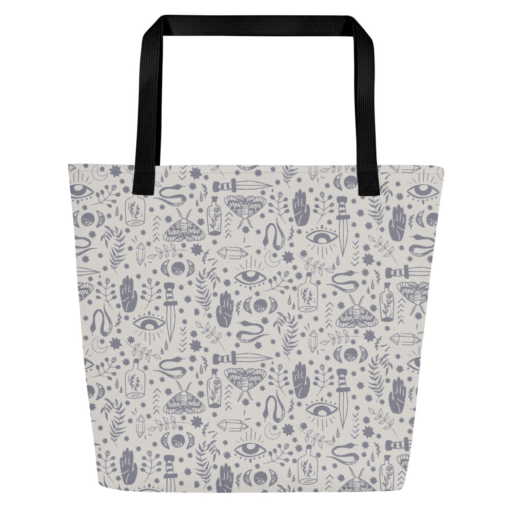 All-Over Print Large Tote Bag - Esoteric Ephemera - Grey/Purple