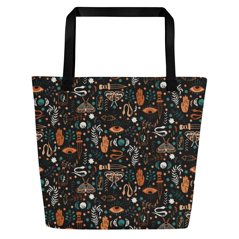 All-Over Print Large Tote Bag - Esoteric Ephemera - Black/Orange