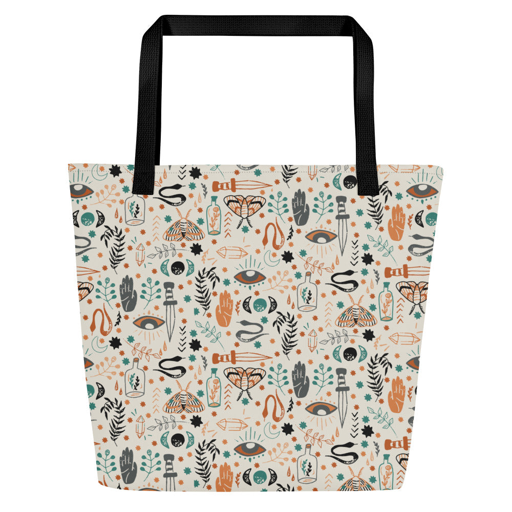 All-Over Print Large Tote Bag -Esoteric Ephemera - White/Orange