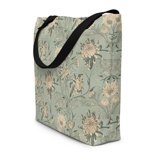 All-Over Print Large Tote Bag - chrysanthemum reverie (blue)