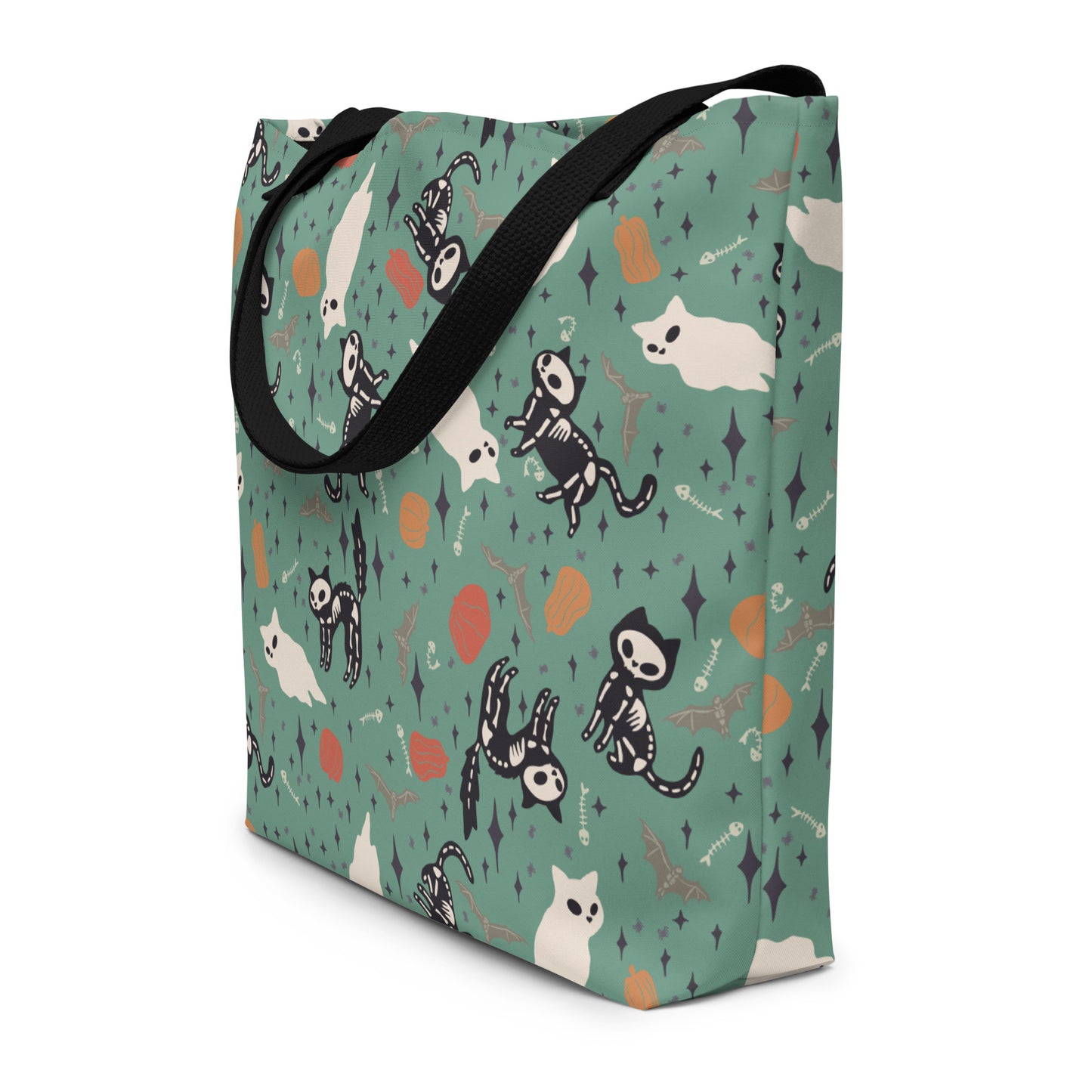 All-Over Print Large Tote Bag - SkeleCat - Green