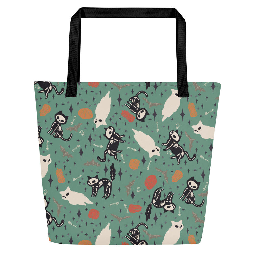 All-Over Print Large Tote Bag - SkeleCat - Green