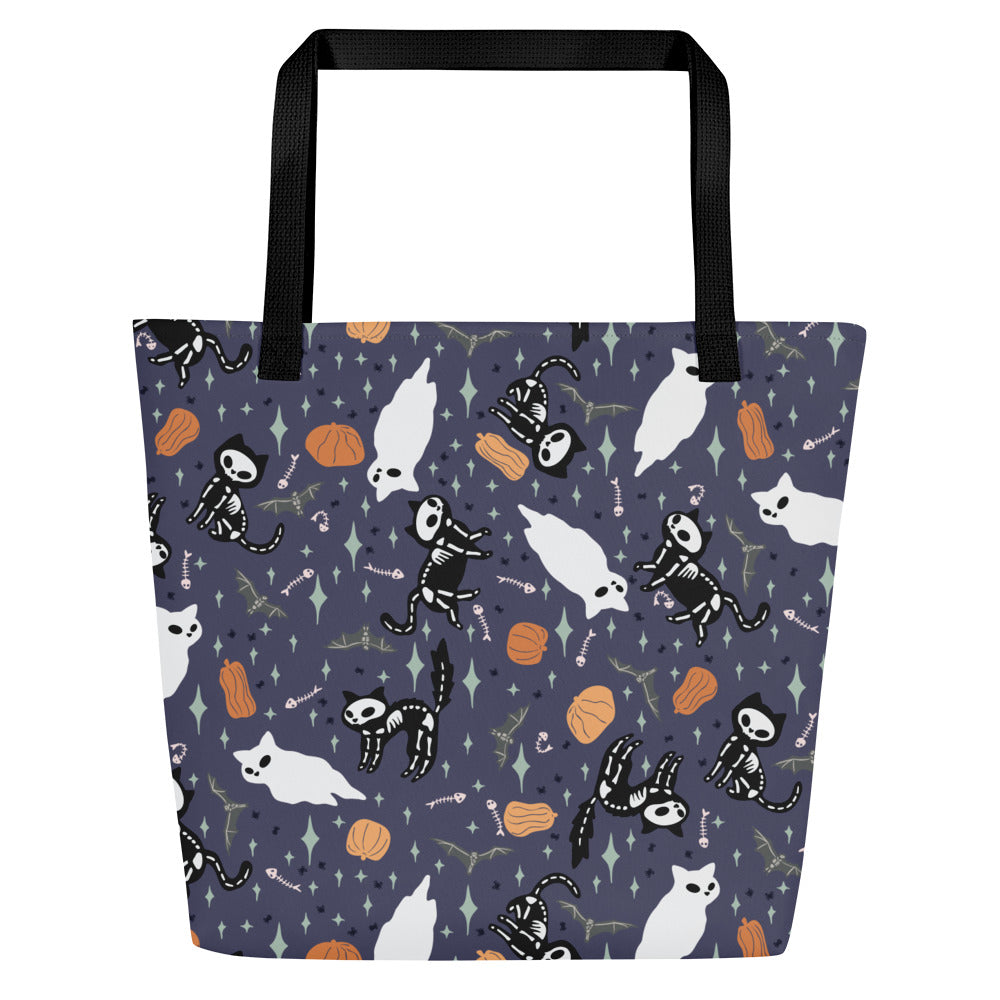 All-Over Print Large Tote Bag - SkeleCat - Purple