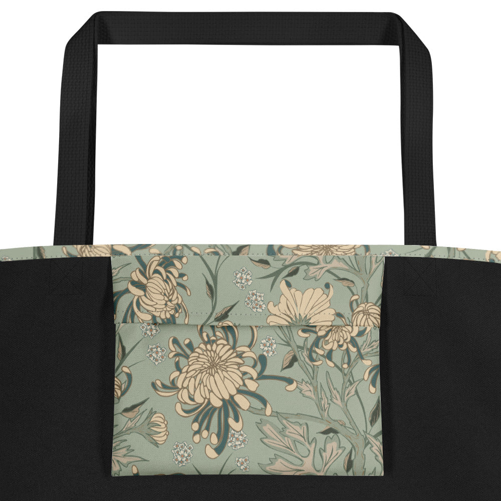 All-Over Print Large Tote Bag - chrysanthemum reverie (blue)