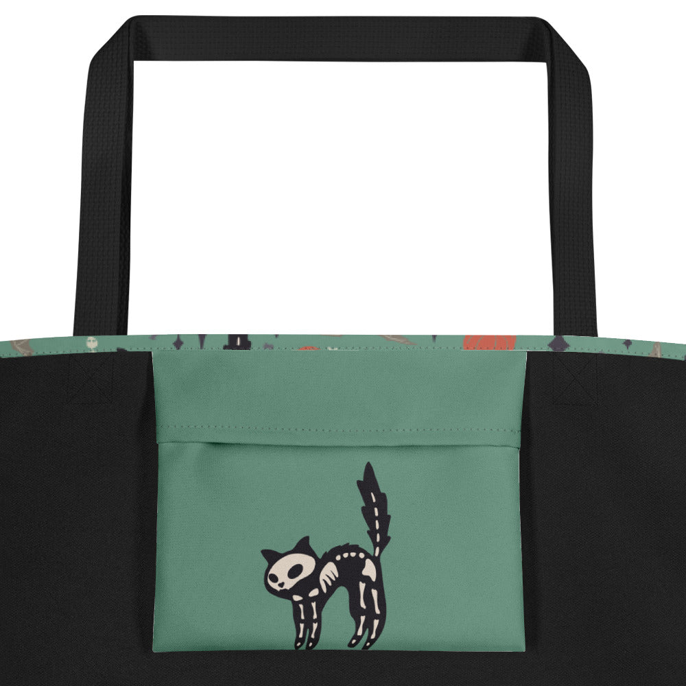 All-Over Print Large Tote Bag - SkeleCat - Green